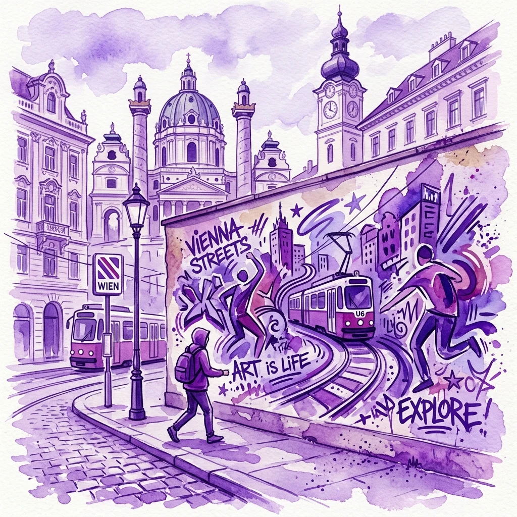 Tętniąca życiem purpurowa ilustracja akwarelowa wiedeńskiej sceny ulicznej przedstawiająca ścianę pokrytą graffiti z napisami „Vienna Streets” i „Art is Life”, tramwaj oraz zabytkowe budynki, w tym kościół z kopułą i wieżę zegarową.