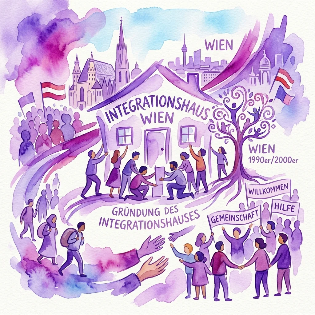 Ilustracja akwarelowa przedstawiająca założenie Integrationshaus Wien, ukazująca ludzi budujących dom z flagami, drzewem wspólnoty oraz tekst podkreślający integrację i wsparcie w Wiedniu.