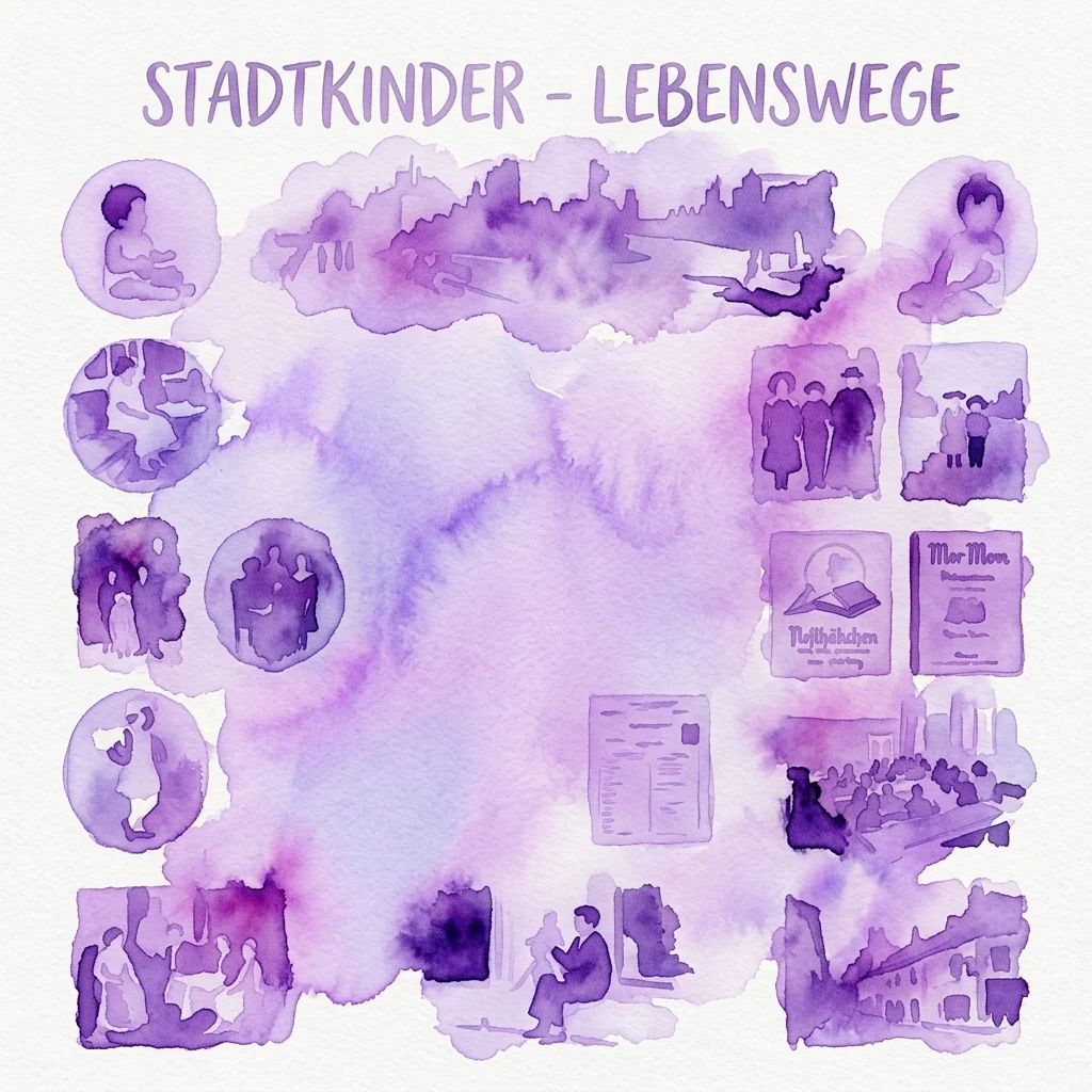 Fioletowa ilustracja akwarelowa zatytułowana „STADTKINDER - LEBENSWEGE”, przedstawiająca sceny z życia dzieci w mieście, w tym szkołę, zabawę i chwile rodzinne, z wystawy Großstadtkinder.