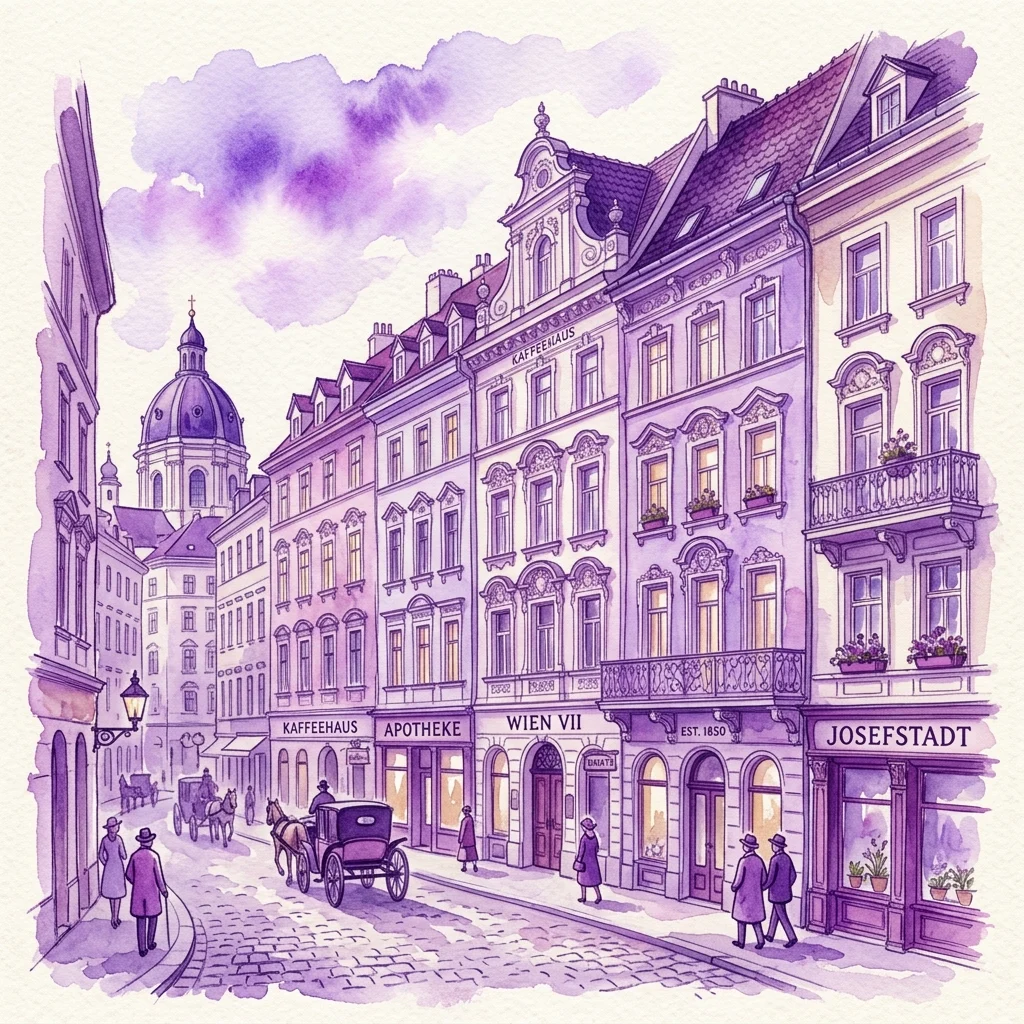 Ilustracja akwarelowa zabytkowych wiedeńskich kamienic w dzielnicy Josefstadt, przedstawiająca ozdobne fasady, brukowane ulice, dorożki konne i szyldy z epoki, oddająca dziedzictwo architektoniczne okolicy.