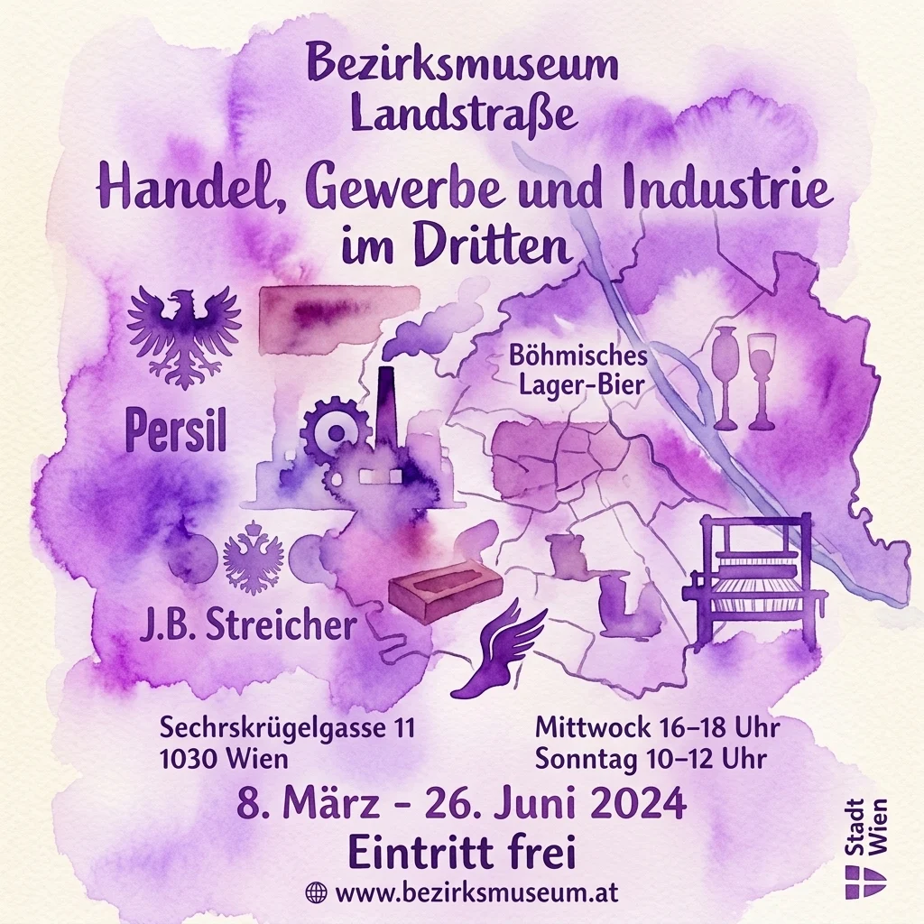 Plakat w stylu vintage dla wystawy 'Handel, Gewerbe und Industrie im Dritten' w Bezirksmuseum Landstraße, z fioletową mapą akwarelową z symbolami przemysłowymi i ikonami handlowymi.