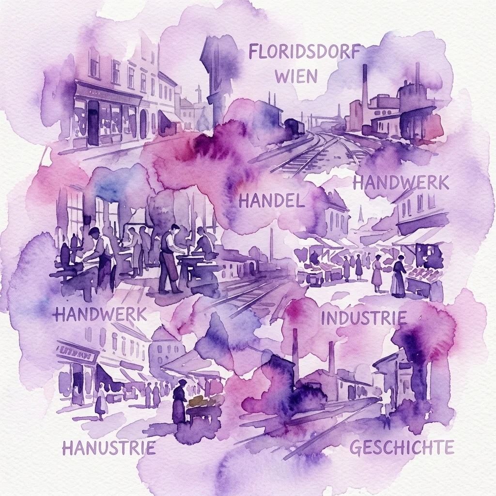 Ilustracja akwarelowa Floridsdorfu w Wiedniu, przedstawiająca historyczne sceny rzemiosła, handlu, przemysłu i handlu z oznakowanymi sekcjami Handwerk (Rzemiosło), Handel (Handel), Industrie (Przemysł) i Geschichte (Historia).
