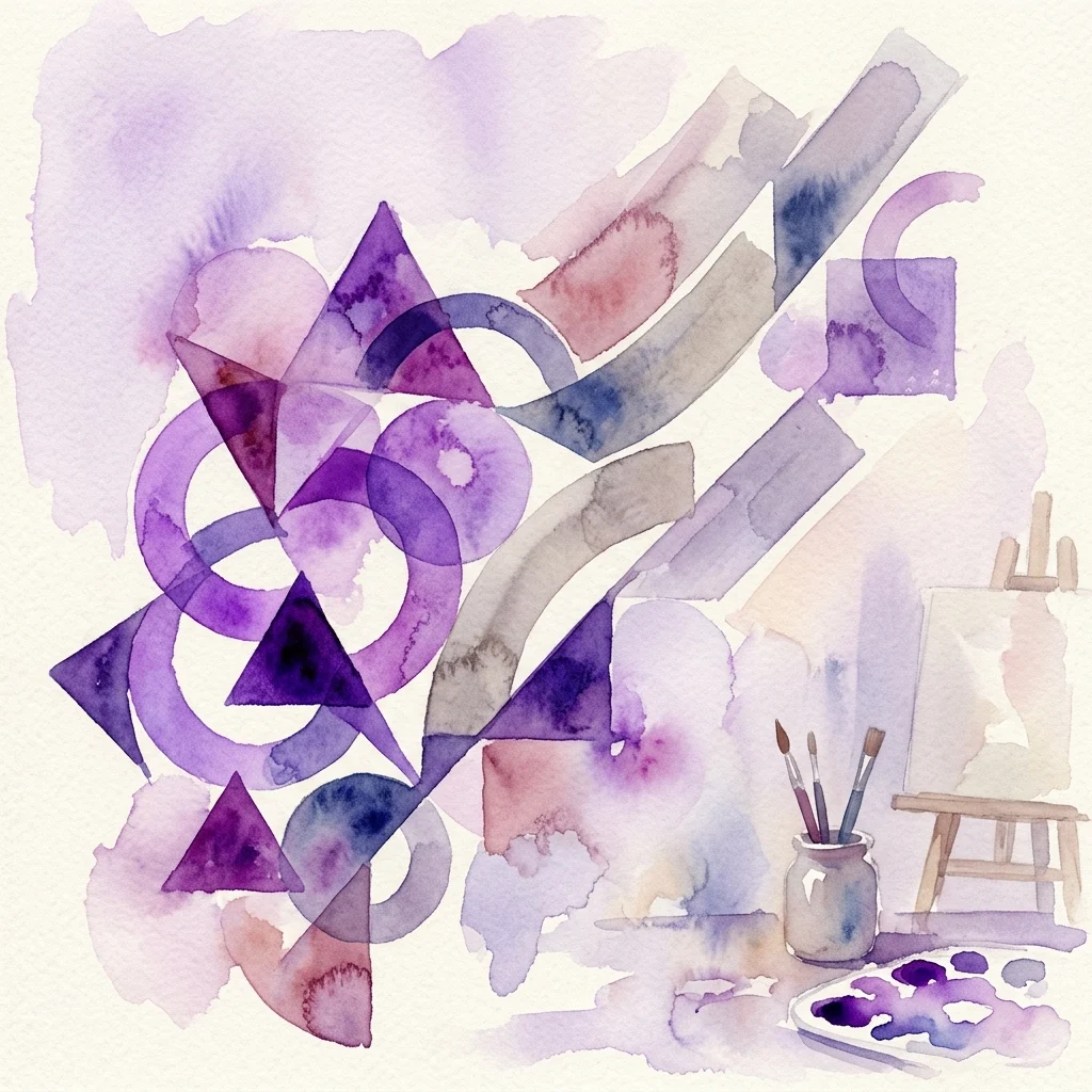 Abstract aquarelkunstwerk met geometrische vormen in paars en gedempte tinten, met elementen uit een kunstenaarsatelier zoals een ezel, verfkwasten en een palet, die de verkenning van ritme en structuur door Hans Bussmann weerspiegelen.