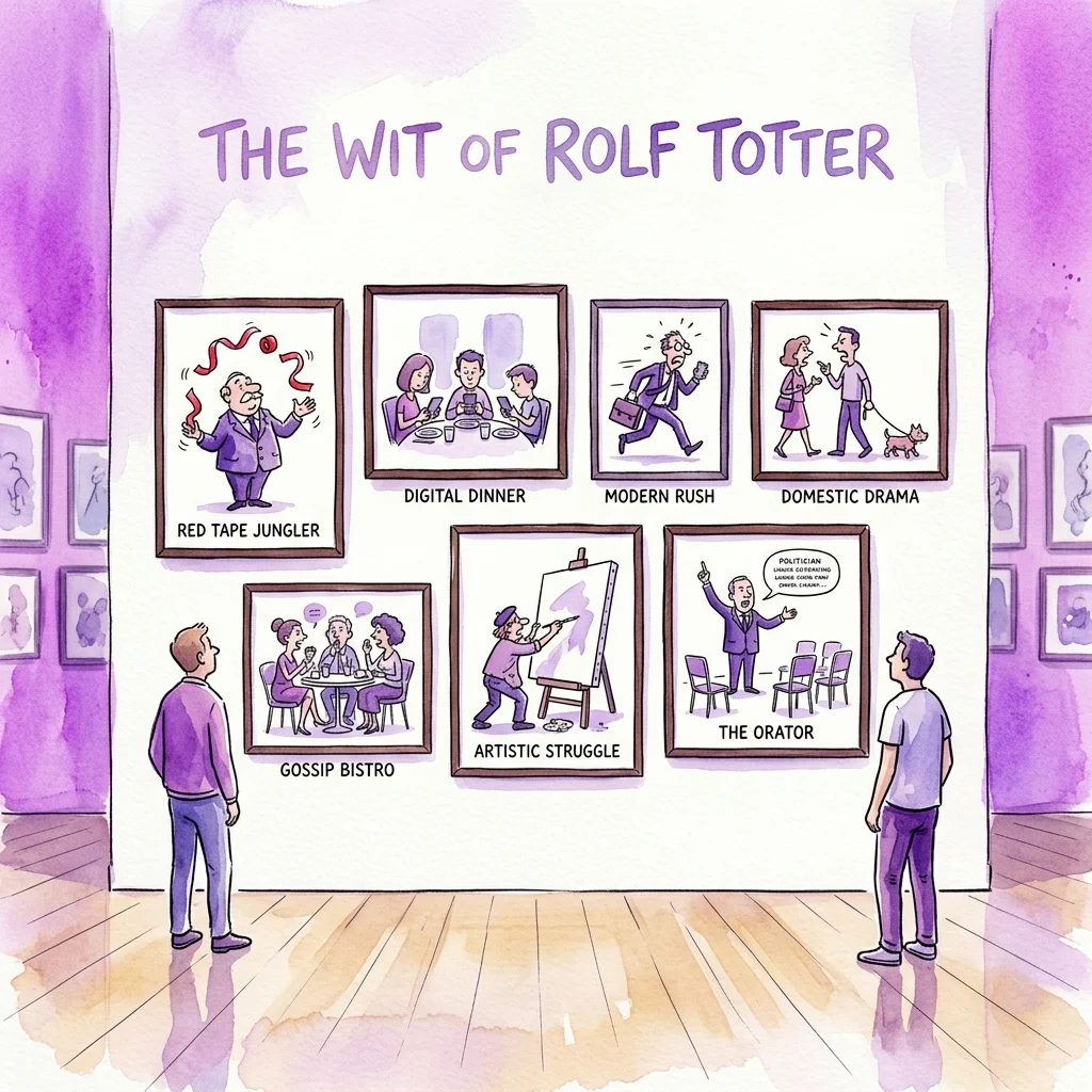 Een galerie-expositie getiteld 'The Wit of Rolf Totter' met ingelijste karikaturen zoals 'Red Tape Jungler', 'Digital Dinner' en 'The Orator', waarbij bezoekers het kunstwerk in een goed verlichte ruimte bekijken.