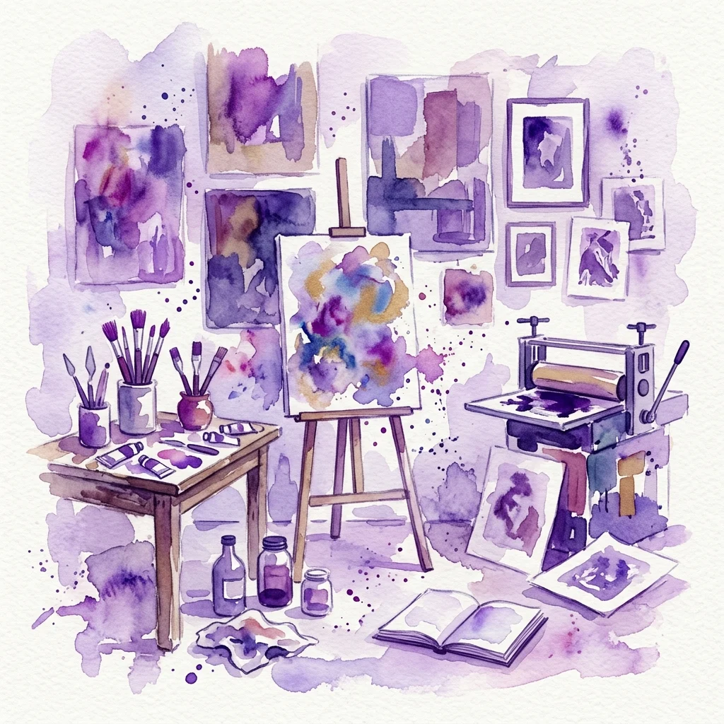 Ilustración en acuarela de un estudio de artista con pinturas, herramientas de grabado y una prensa de aguafuerte, que representa el proceso creativo de Herwig Zens.