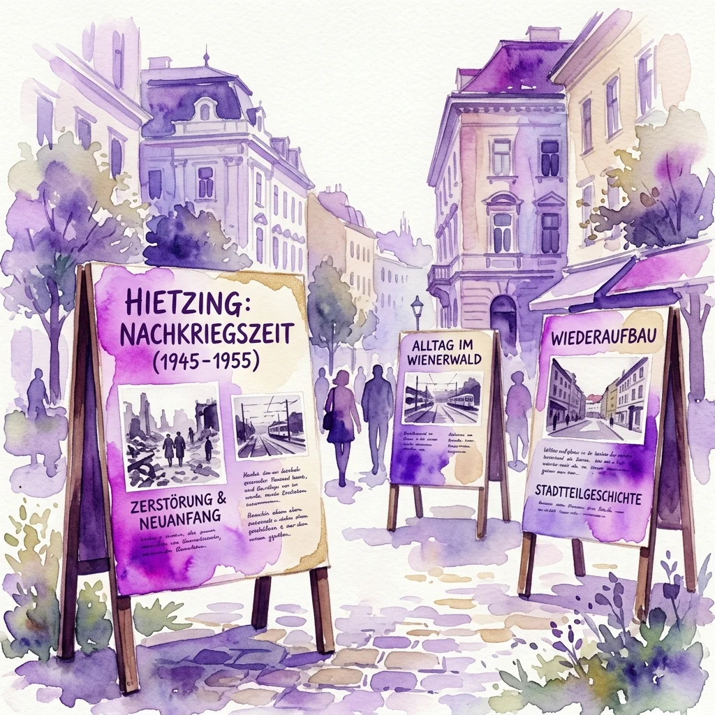 Ilustracja akwarelowa zewnętrznych tablic wystawowych w dzielnicy Hietzing w Wiedniu, prezentująca historyczne zdjęcia i teksty dotyczące powojennego okresu dzielnicy (1945-1955), w tym tematy takie jak zniszczenia, odbudowa i życie codzienne.