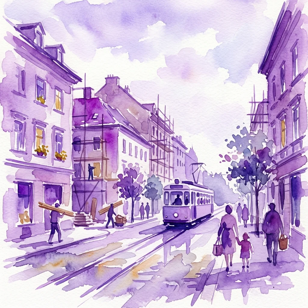 Ilustración de acuarela de una escena callejera de la posguerra en el distrito de Hietzing, Viena, que muestra la reconstrucción con andamios, vías de tranvía y residentes que llevan su vida diaria en el período 1945-1955.