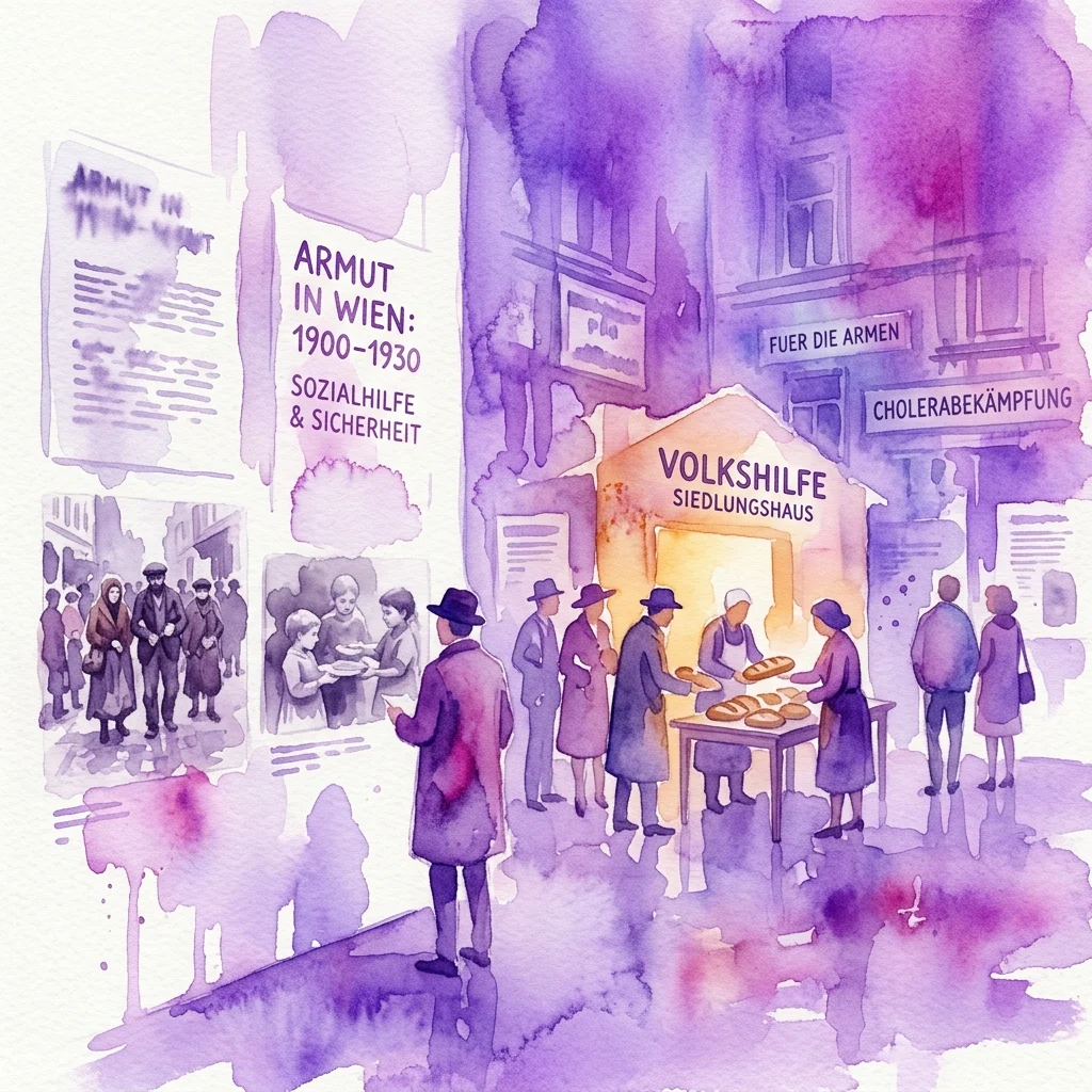 Ilustracja akwarelowa historycznej wystawy poświęconej ubóstwu w Wiedniu (1900-1930), przedstawiająca sceny pomocy społecznej, dystrybucji chleba oraz panele informacyjne dotyczące opieki społecznej i zapobiegania cholerze.