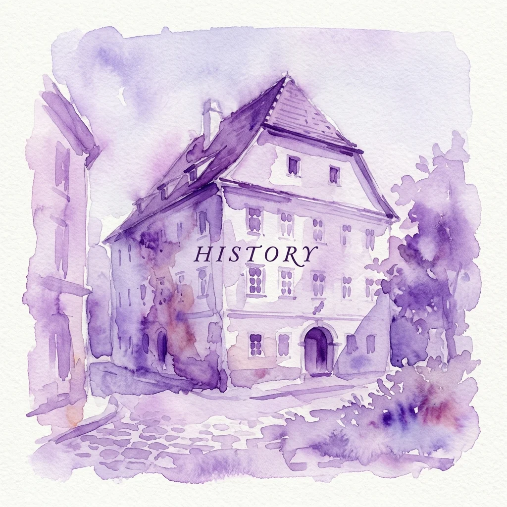 Ilustración en acuarela de un edificio histórico en Simmering, Viena, con la palabra 'HISTORY' superpuesta, representando la exposición 'Historisches Simmering'.