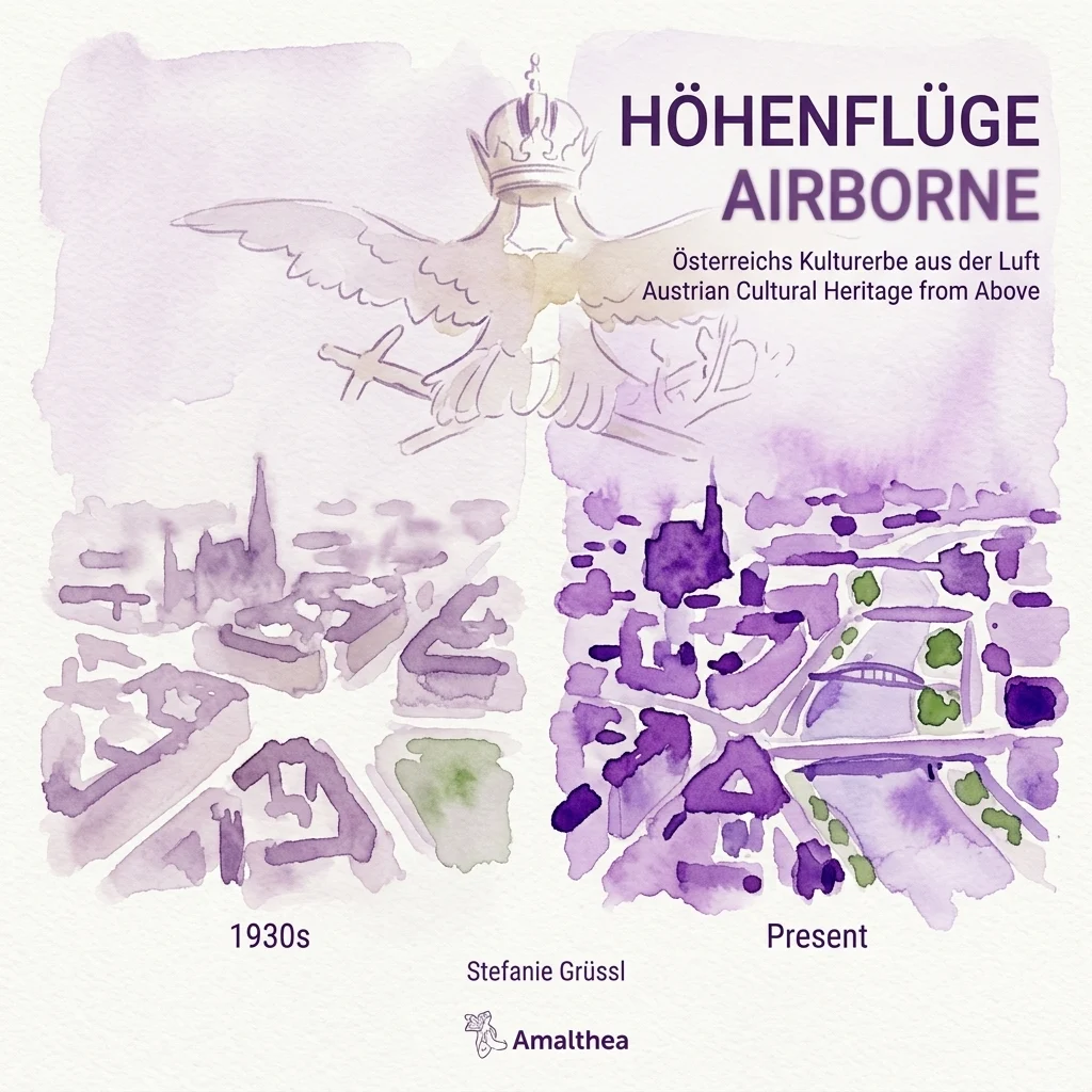 Una ilustración en acuarela que compara vistas aéreas de sitios del patrimonio cultural austriaco de la década de 1930 y la actualidad, con un emblema alado y el título de la exposición 'Höhenflüge: Patrimonio cultural austriaco desde arriba'.