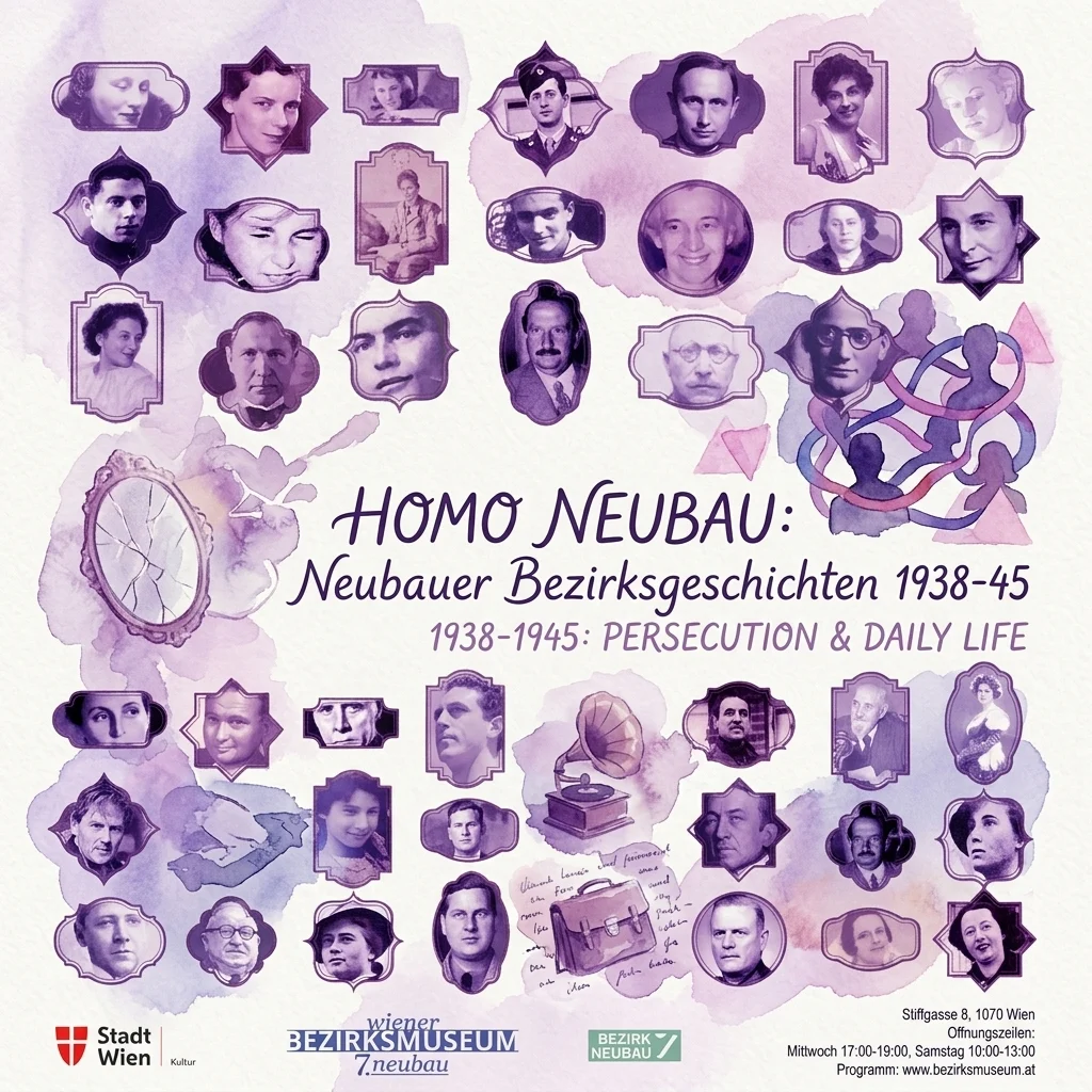 Historyczny plakat wystawowy 'Homo Neubau: Neubauer Bezirksgeschichten 1938-45', zawierający archiwalne portrety, zepsute lustro, gramofon i obrazy symboliczne, upamiętniający prześladowania i codzienne życie w wiedeńskiej dzielnicy Neubau w czasach nazistowskich.