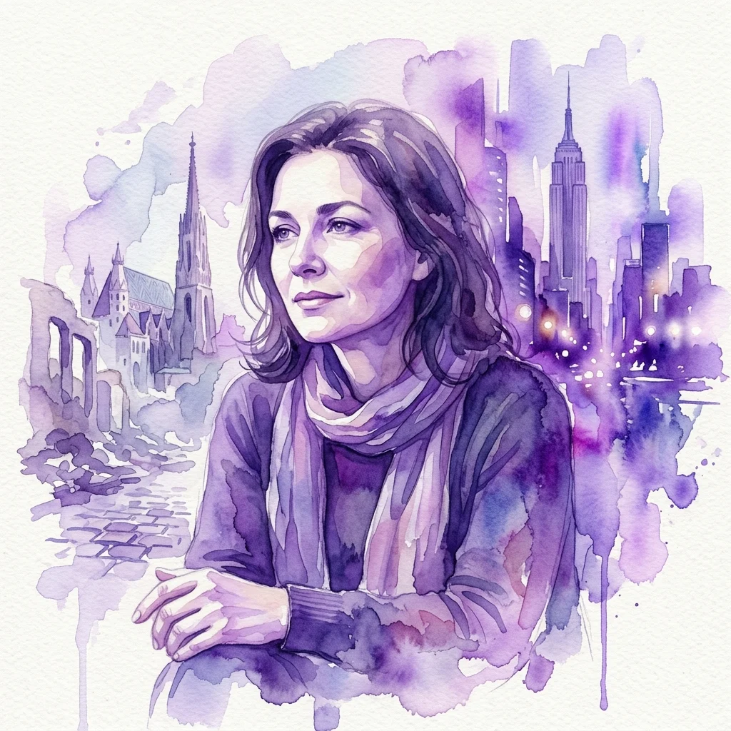Portret w akwareli pisarki Lore Segal, z widokami na Wiedeń i Nowy Jork w tle, odzwierciedlający jej podróż życiową i przesiedlenie.