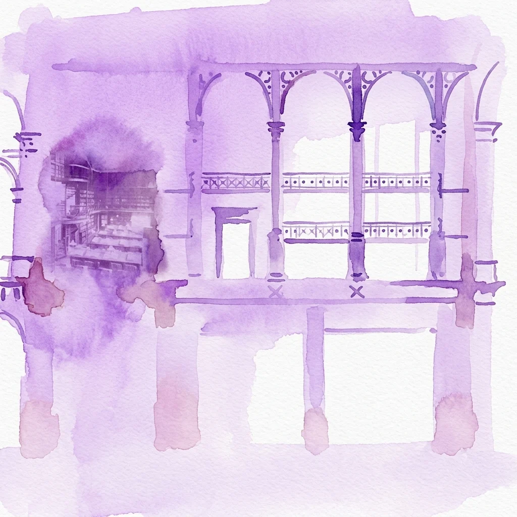 Una ilustración en acuarela del interior de la histórica biblioteca vienesa, que presenta una intrincada estructura de soporte de hierro y estanterías arqueadas, destacando el diseño arquitectónico del 'Bücherpalast' de la Universidad de Viena.