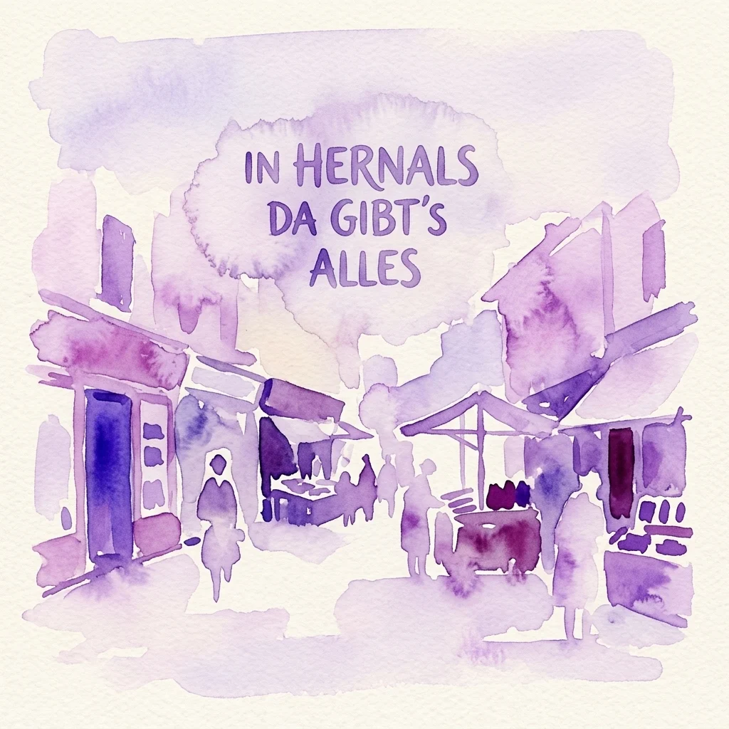 Una ilustración de acuarela morada de una escena callejera histórica en Hernals, Viena, con tiendas, puestos de mercado y el texto 'IN HERNALS DA GIBT'S ALLES', que evoca el comercio local de principios del siglo XX.