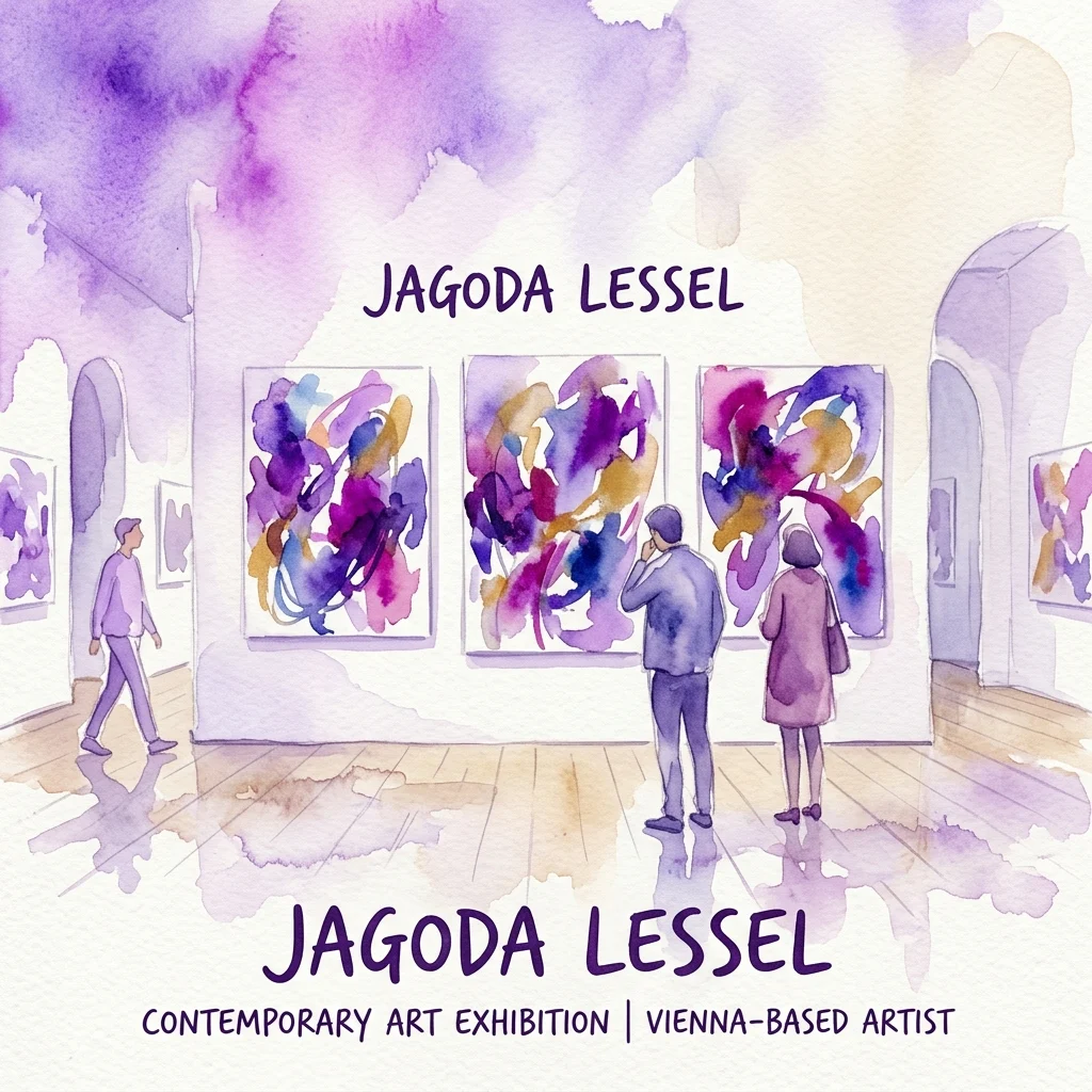 Ilustración en acuarela de una exposición de arte contemporáneo que presenta pinturas abstractas de Jagoda Lessel, una artista afincada en Viena, con visitantes contemplando las obras de arte en un espacio de galería.