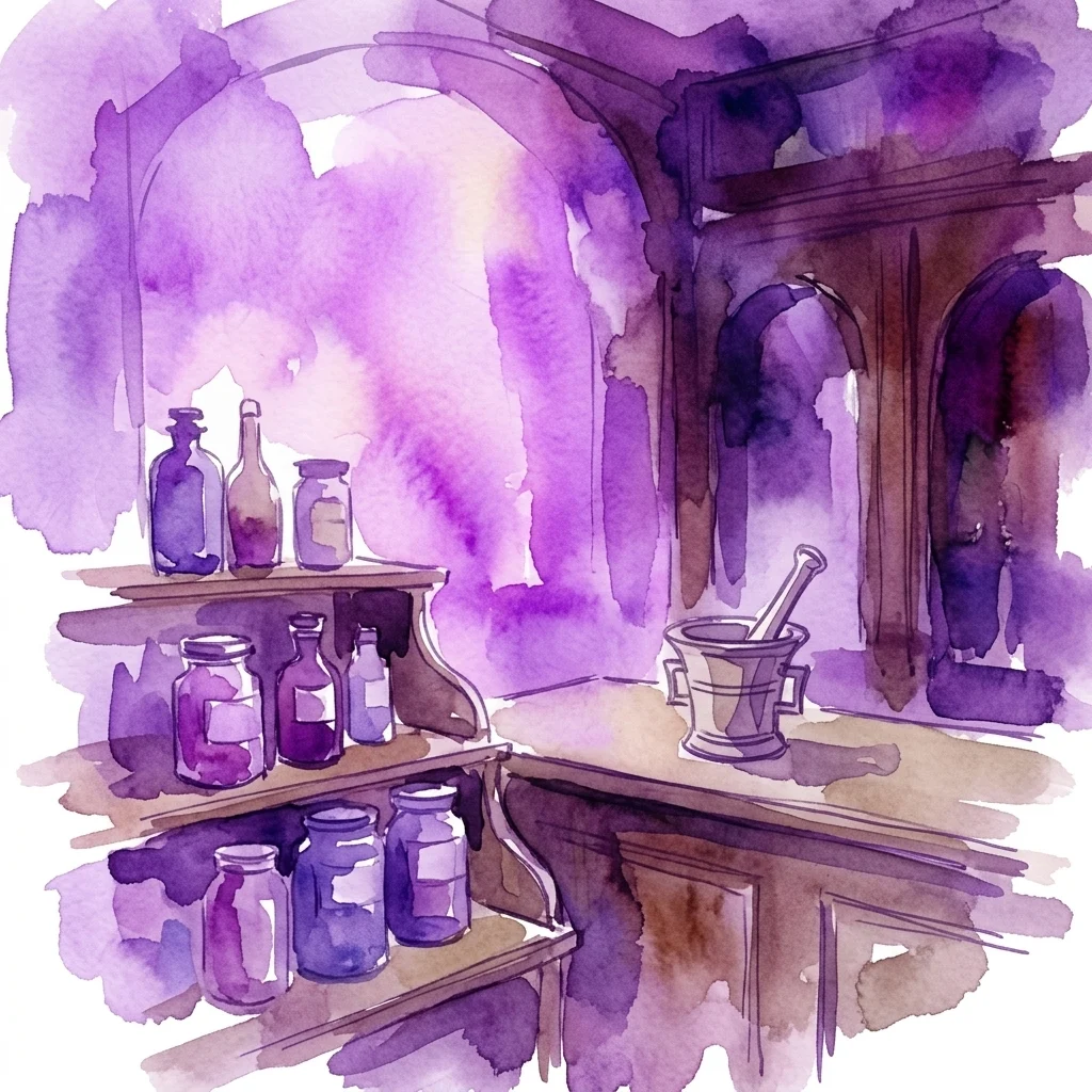 Ilustración en acuarela de un interior de botica vintage con estanterías de frascos medicinales, un mortero y mano, y detalles arquitectónicos arqueados en tonos morados y marrones.