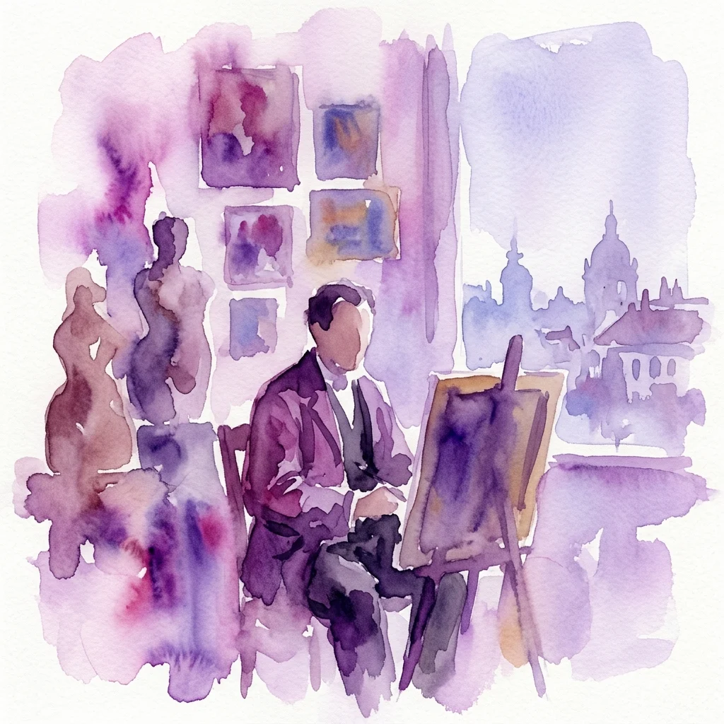 Watercolor painting of artist Josef Engelhart in his studio, surrounded by sculptures and paintings, with a view of early 20th-century Viennese architecture through the window.