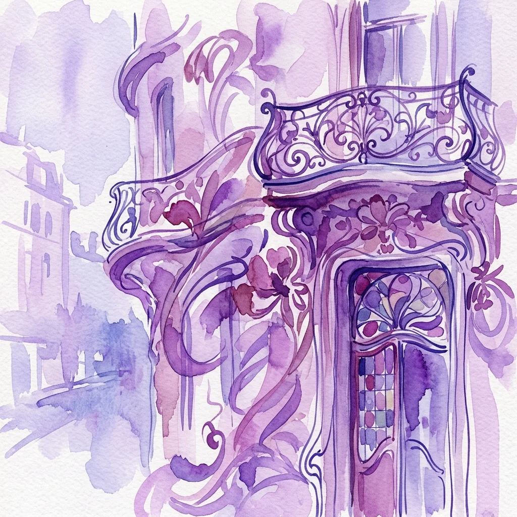 Ilustracja akwarelowa fasady budynku w stylu Art Nouveau (Jugendstil) w wiedeńskiej dzielnicy Landstraße, z ozdobnymi wzorami kwiatowymi, płynnymi liniami i dekoracyjnym balkonem.