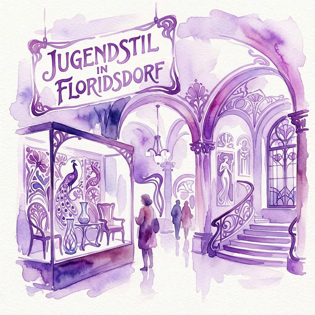 Waterverfillustratie van een Jugendstil-tentoonstelling in Floridsdorf, met sierlijke bogen, een pauwenmotief en bezoekers die de ruimte verkennen.