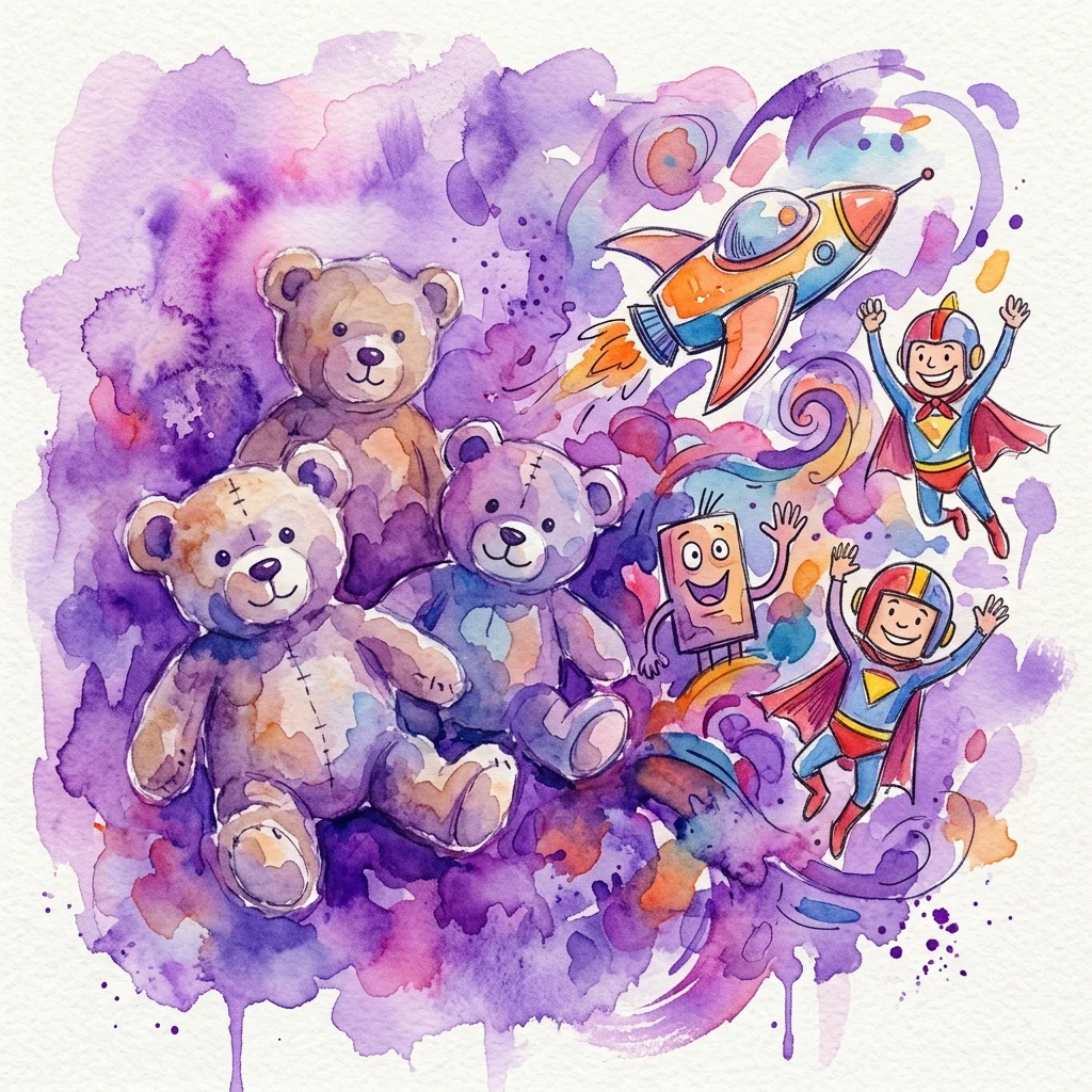 Ilustracja akwarelowa vintage'owych pluszowych misiów, superbohaterów z komiksów i statku kosmicznego, przywołująca na myśl dziecięce przygody i marzenia z wystawy „Jugendträume abenteuerlich und märchenhaft”.