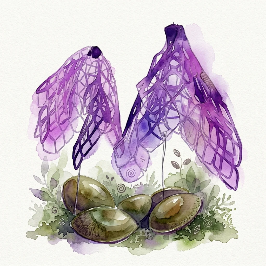 Ilustracja akwarelowa przeskalowanych fioletowych motyli wykonanych z kartonów z recyklingu, umieszczonych wśród zielonych liści i lakierowanych łupin kiwi, część serii 'PlanetAzul' autorstwa Juliany Herrero.