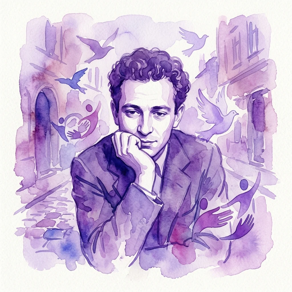 Waterverfportret van Jura Soyfer, schrijver en toneelschrijver, met symbolische elementen zoals duiven en menselijke figuren, tegen een paars getinte achtergrond die Wenen uit het midden van de 20e eeuw oproept.