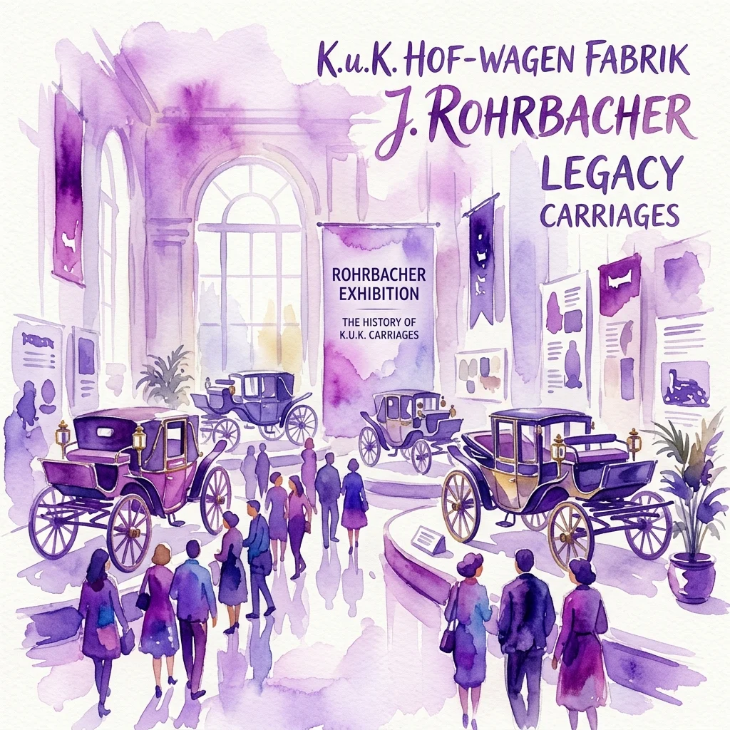 Ilustración en acuarela de la exposición K.u.k. Hof-Wagen Fabrik J. Rohrbacher, con carruajes antiguos tirados por caballos y visitantes en una galería de museo.