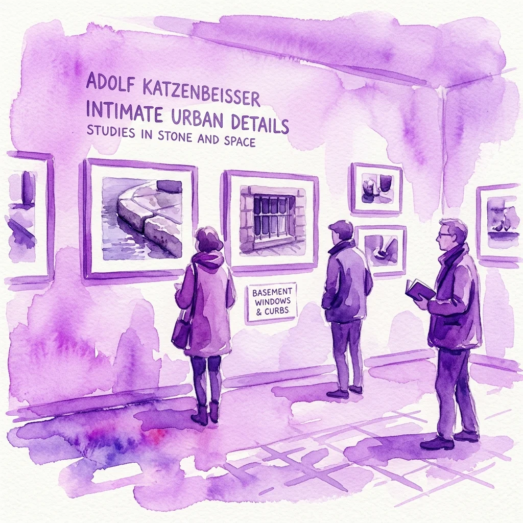 Waterverfillustratie van bezoekers die een fotografie-expositie bekijken van Adolf Katzenbeisser met de titel 'Intimate Urban Details: Studies in Stone and Space', met kelderramen en stoepranden.