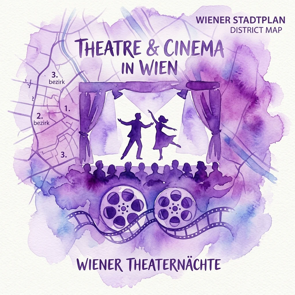Waterverfillustratie van een theaterpodium met silhouetten van artiesten, filmrollen en een kaart van een Weense wijk, ter promotie van 'Theatre & Cinema in Vienna' en 'Wiener Theaternächte'.