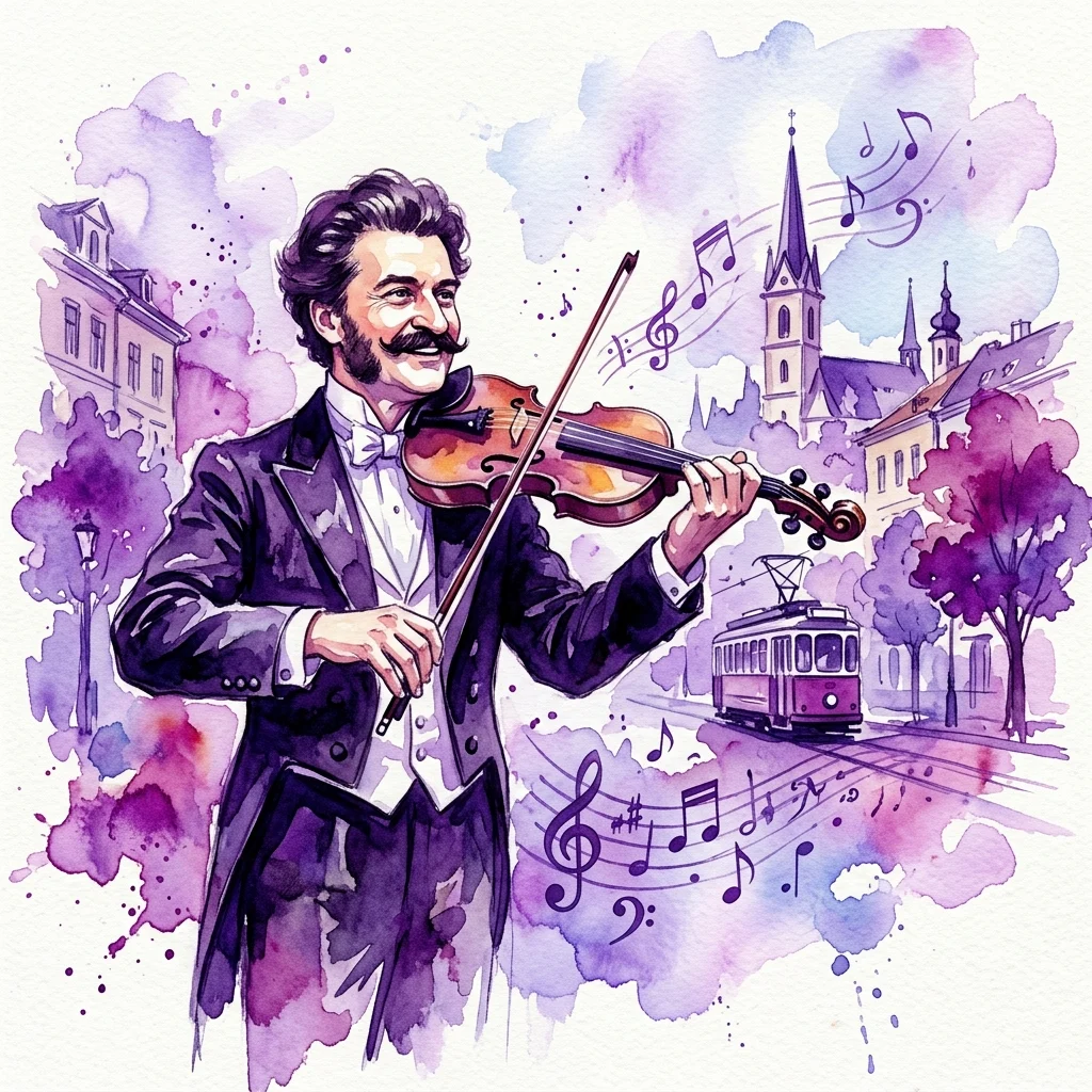 Ilustracja akwarelowa Johanna Straussa grającego na skrzypcach, z nutami, tramwajem i budynkami w dzielnicy Hernals w Wiedniu, upamiętniająca jego 200. urodziny.