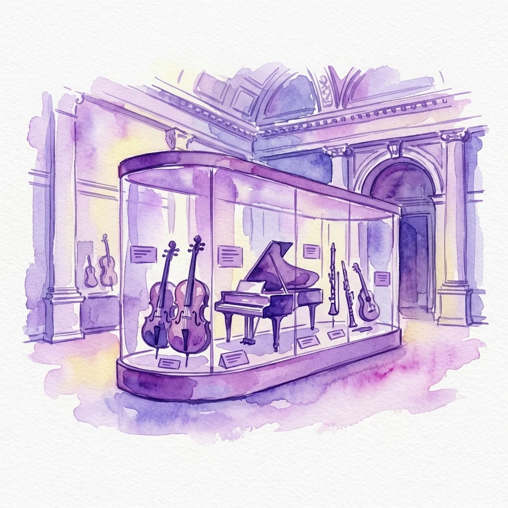 Ilustración en acuarela de una exposición de museo que presenta un piano de cola, violines y otros instrumentos musicales en una vitrina, representando la exposición 'Klingendes Wien' en el Bezirksmuseum Hietzing.