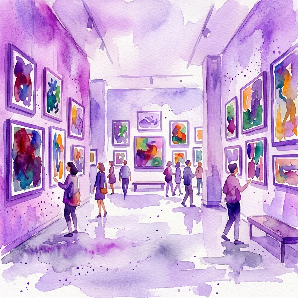 A watercolor illustration of an art gallery with visitors viewing colorful abstract paintings on purple walls, representing the Kunst.Platz.Simmering exhibition at the Bezirksmuseum Vienna.