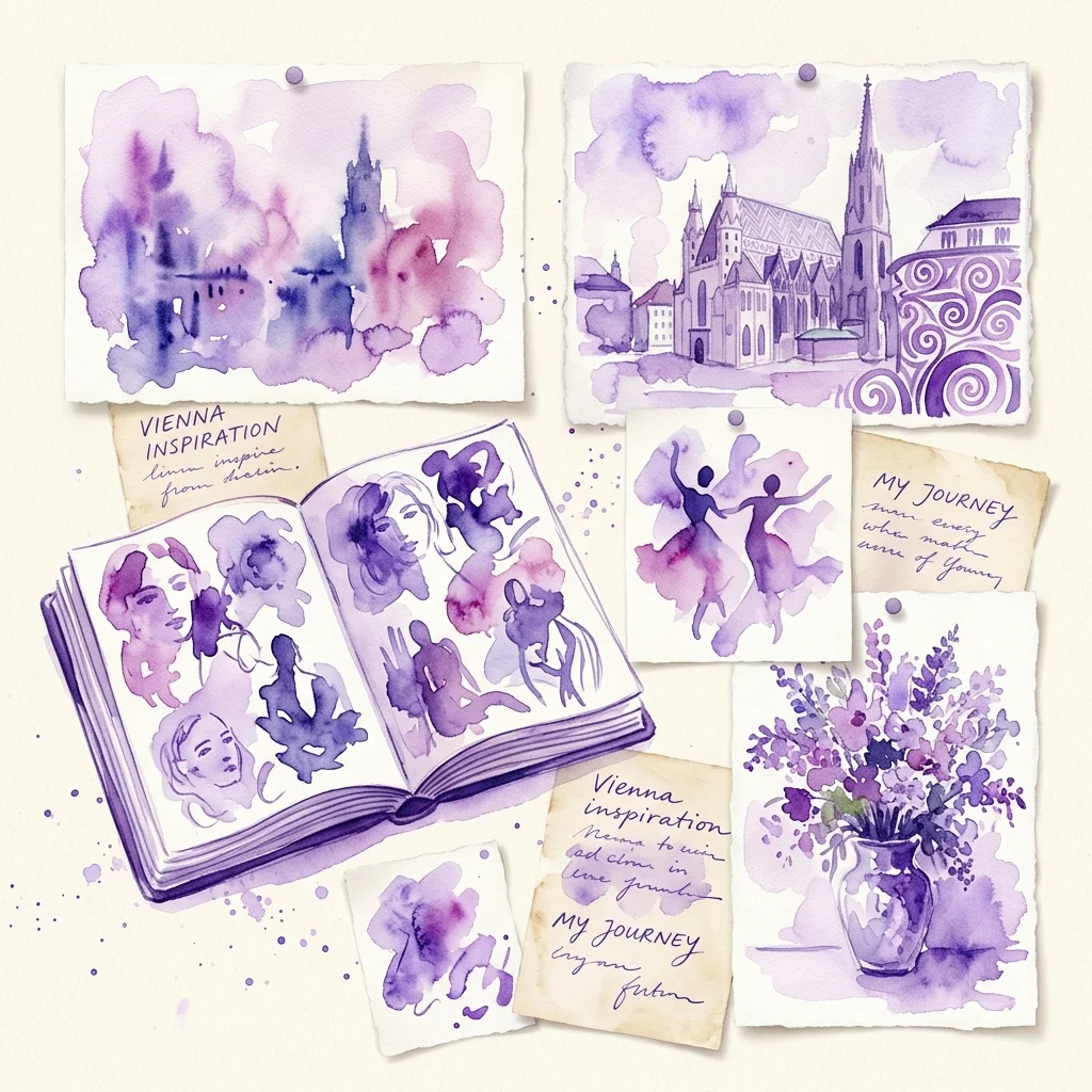 Una colección de acuarelas de Robert Hum, que presenta paisajes urbanos inspirados en Viena, retratos y naturalezas muertas florales, expuesta como un cuaderno de bocetos personal con notas escritas a mano.