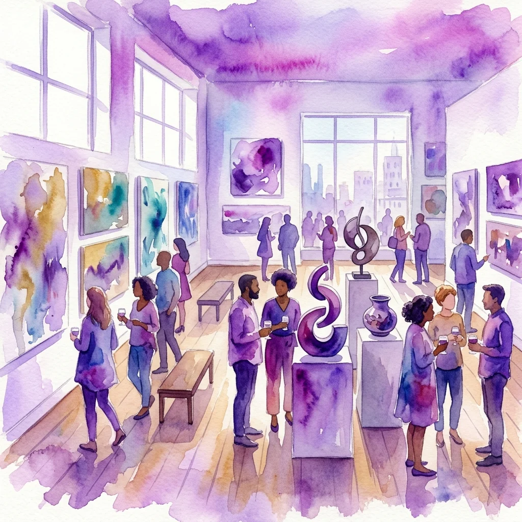 Ilustracja akwarelowa współczesnej wystawy sztuki w galerii, przedstawiająca różnorodnych zwiedzających oglądających obrazy i rzeźby w tętniącej fioletowo-niebieskiej atmosferze.