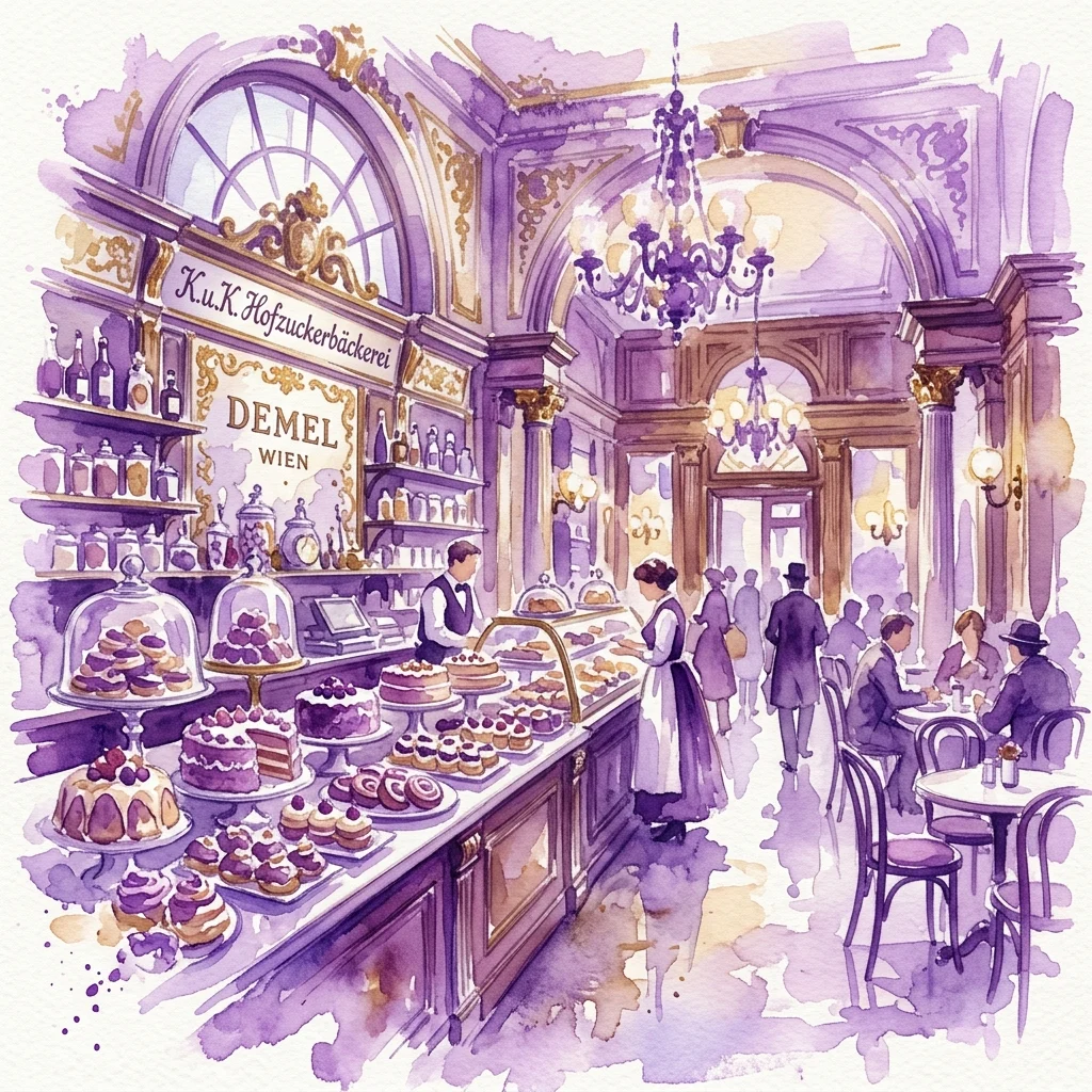 Ilustración en acuarela de la histórica K.u.K. Hofzuckerbäckerei Lehmann en Viena, que muestra un gran interior con detalles ornamentados, pasteles en exhibición y clientes disfrutando de la experiencia tradicional de confitería.