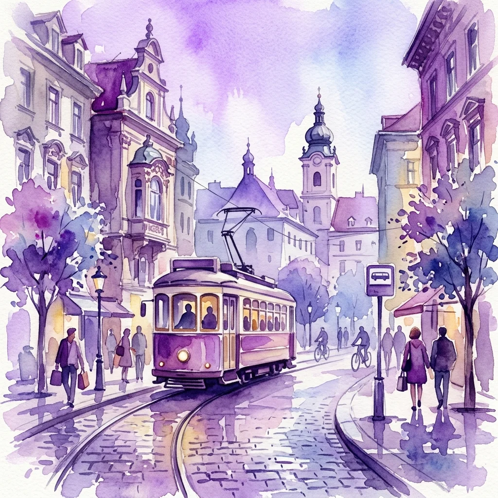 Ilustracja akwarelowa zabytkowego tramwaju na linii 49 w Wiedniu, otoczonego zabytkowymi budynkami i przechodniami, łącząca przeszłość i teraźniejszość życia miejskiego.