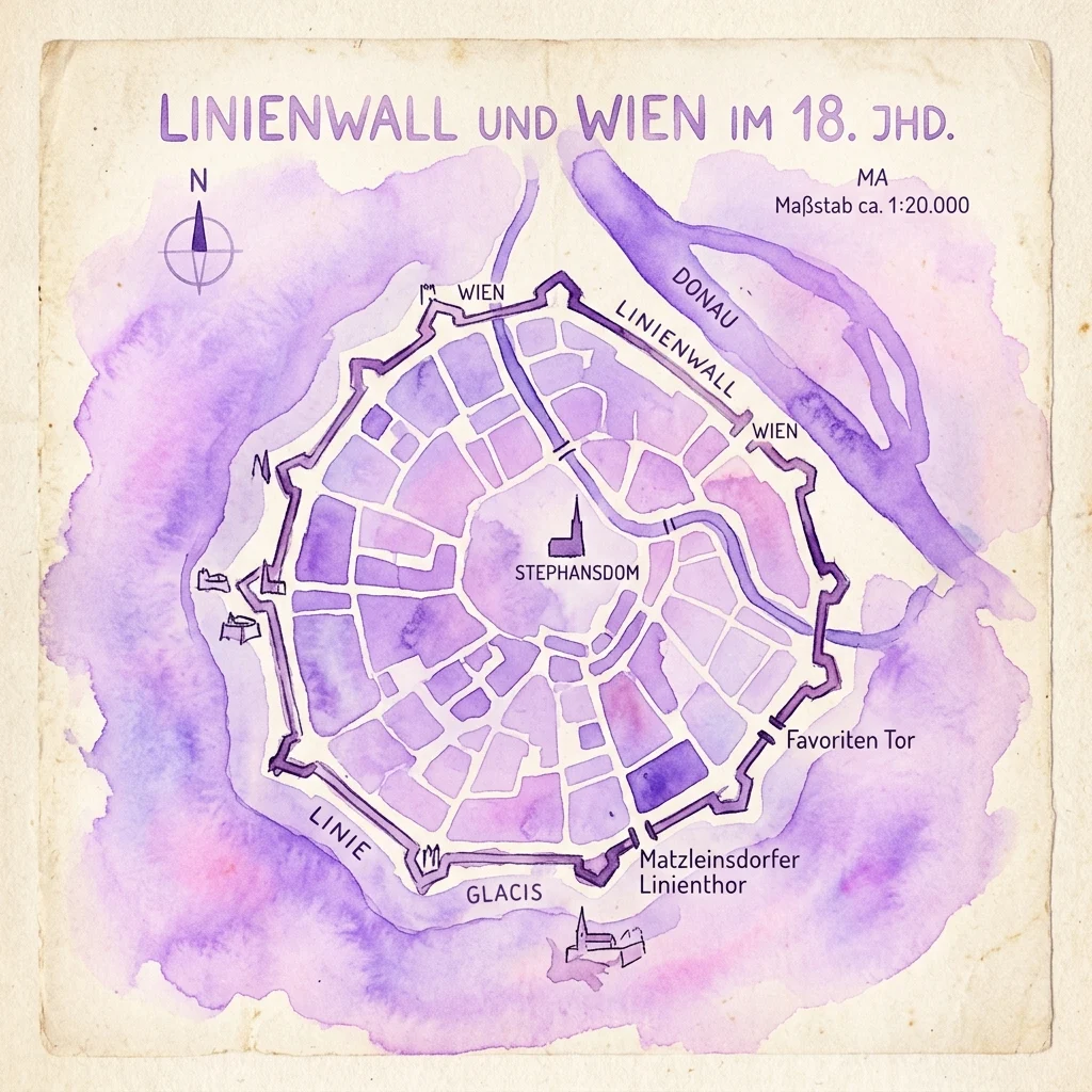 Watercolor map of Vienna's Linienwall fortification in the 18th century, showing the city layout with the Stephansdom, Donau river, and key gates like Favoriten Tor and Matzleinsdorfer Linienthor.