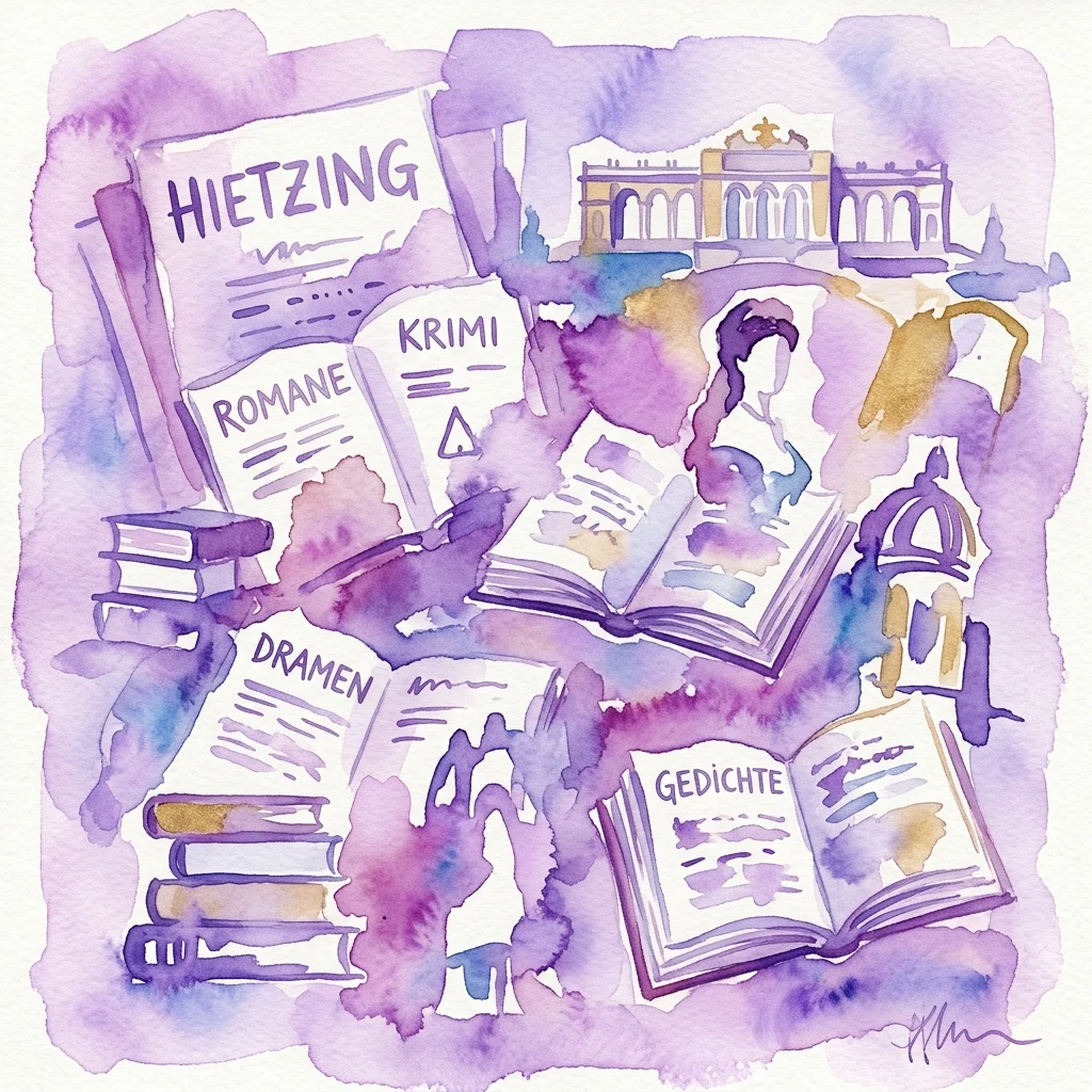 Ilustración en acuarela de libros etiquetados como 'Hietzing', 'Romane', 'Krimi', 'Dramen' y 'Gedichte' con un edificio al fondo, representando una exposición literaria sobre Hietzing.