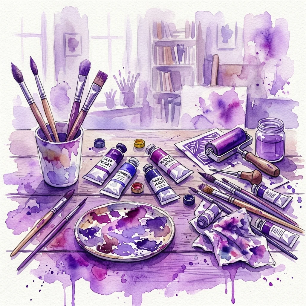 Een aquarelillustratie van een werkplek van een kunstenaar met penselen, verftubes, een palet en drukwerkgereedschap op een houten tafel, uitgevoerd in een paars en lavendel kleurenschema.