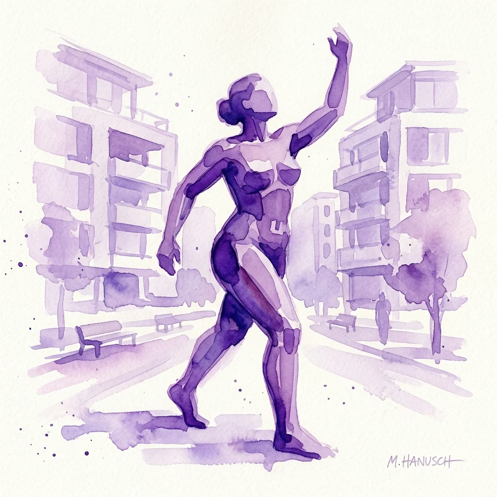 Ilustracja akwarelowa rzeźby przedstawiającej postać kobiecą autorstwa Margarete Hanusch, na tle nowoczesnych budynków mieszkalnych, reprezentująca sztukę publiczną w 3. dzielnicy Wiednia.