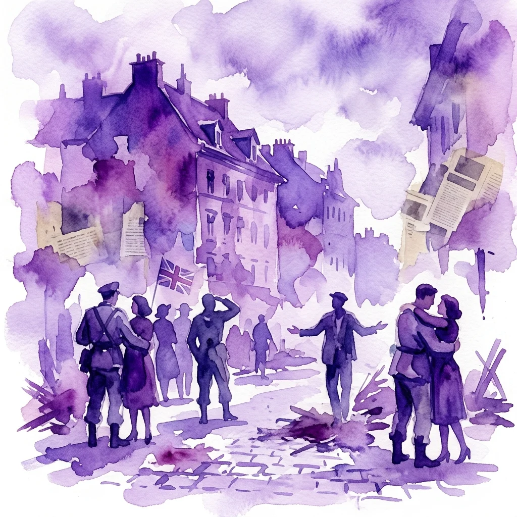 Ilustracja akwarelowa wiedeńskiej sceny ulicznej z 1945 roku, pokazująca cywilów i żołnierzy wśród gruzów, z flagą Union Jack i wycinkami z gazet, odzwierciedlająca koniec II wojny światowej na Margareten.