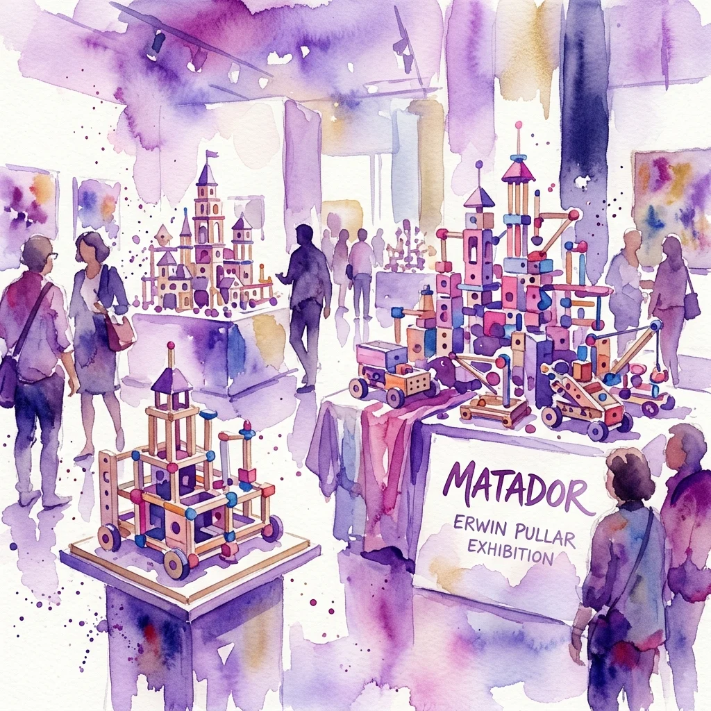 Ilustración en acuarela de la exposición Matador de Erwin Pullar, con intrincados modelos de juguetes de construcción de madera expuestos en una galería con visitantes observando.