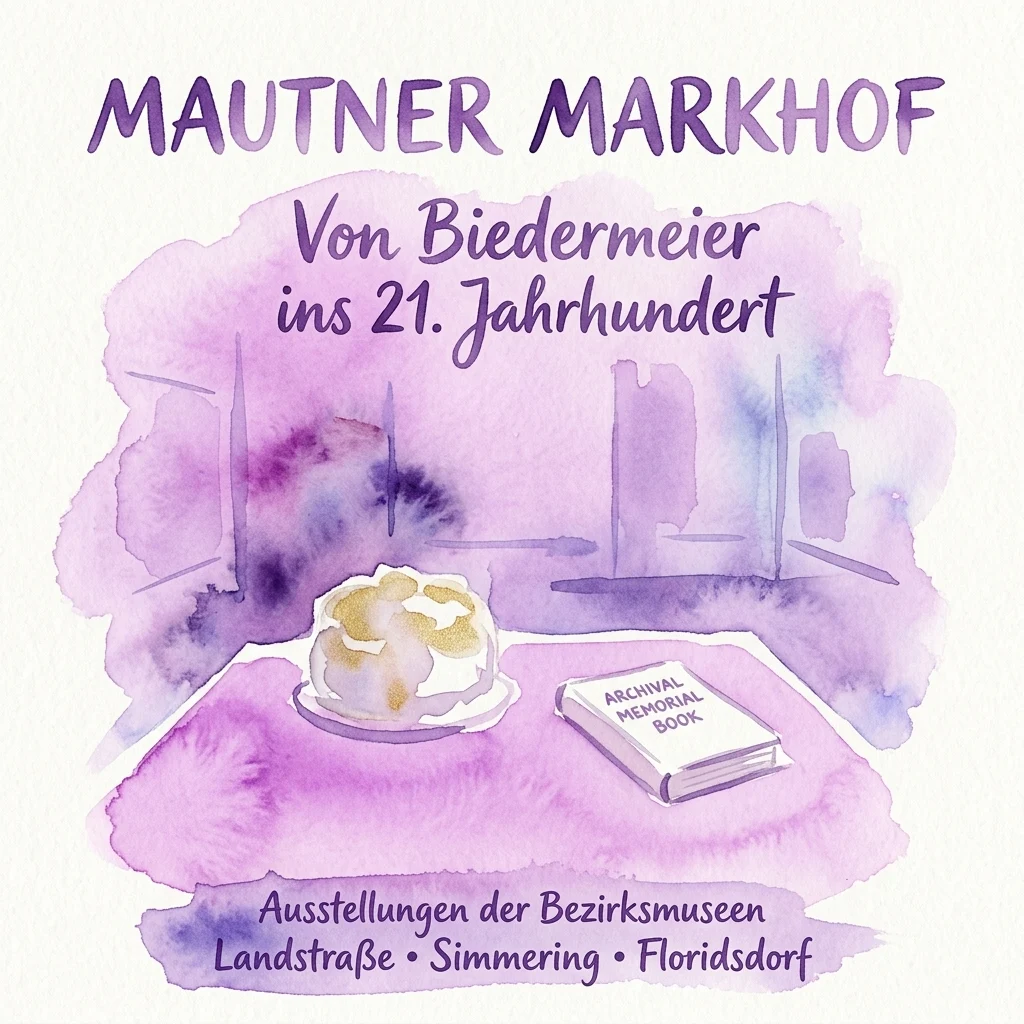 Ilustracja muzealnej wystawy 'Mautner Markhof: Od Biedermeier do XXI wieku', przedstawiająca centralny element z okazji złotej rocznicy ślubu i archiwalną księgę pamiątkową na fioletowym obrusie.