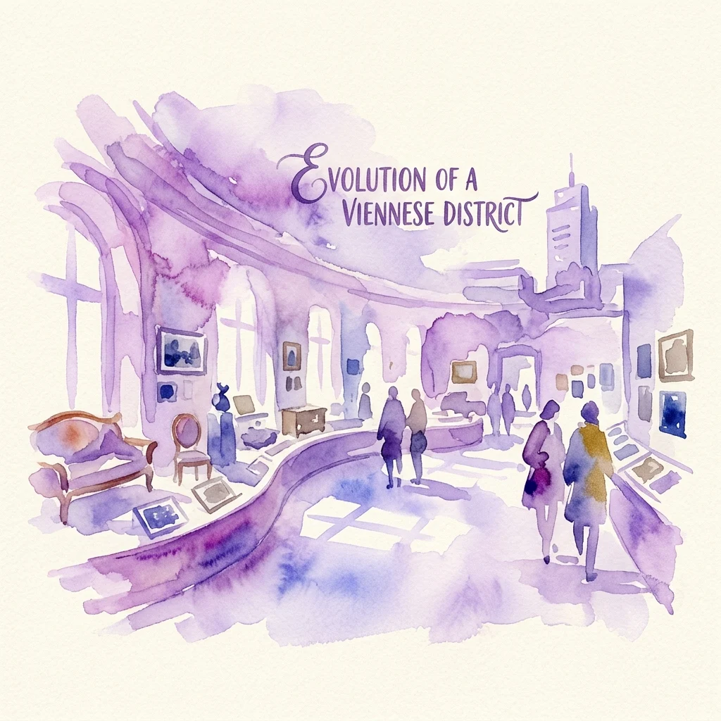 Watercolor illustration of an exhibition titled 'Evolution of a Viennese District,' featuring visitors exploring displays with historical artifacts and architectural elements from different eras.