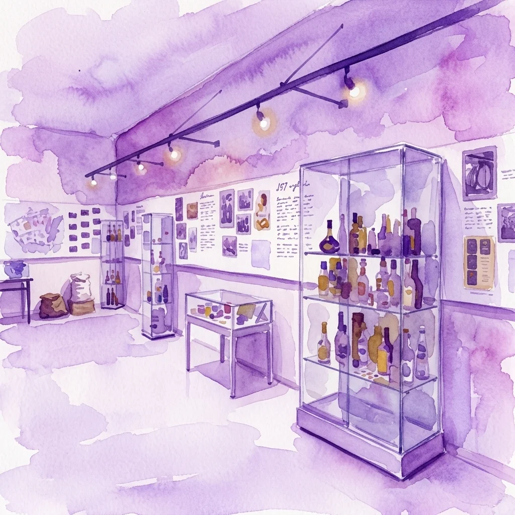 Ilustracja akwarelowa galerii wystawienniczej z przeszklonymi gablotami zawierającymi zabytkowe butelki, panele informacyjne i oświetlenie w odcieniach fioletu, prezentująca historię kulinarną rodziny Mautner Markhof od Biedermeier do XXI wieku.