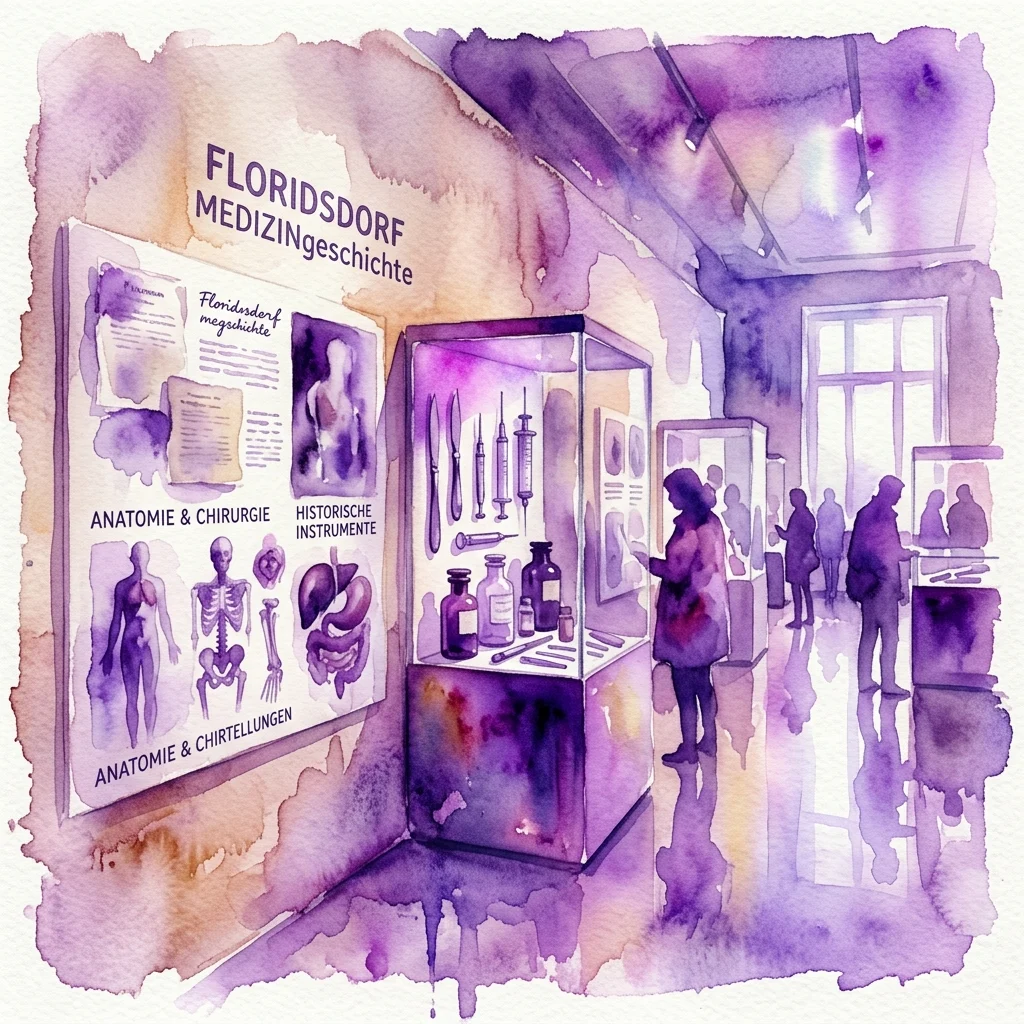 Ilustracja akwarelowa wystawy 'Medizin in Floridsdorf', przedstawiająca gabloty z historycznymi instrumentami medycznymi i panelami informacyjnymi na temat anatomii i chirurgii.