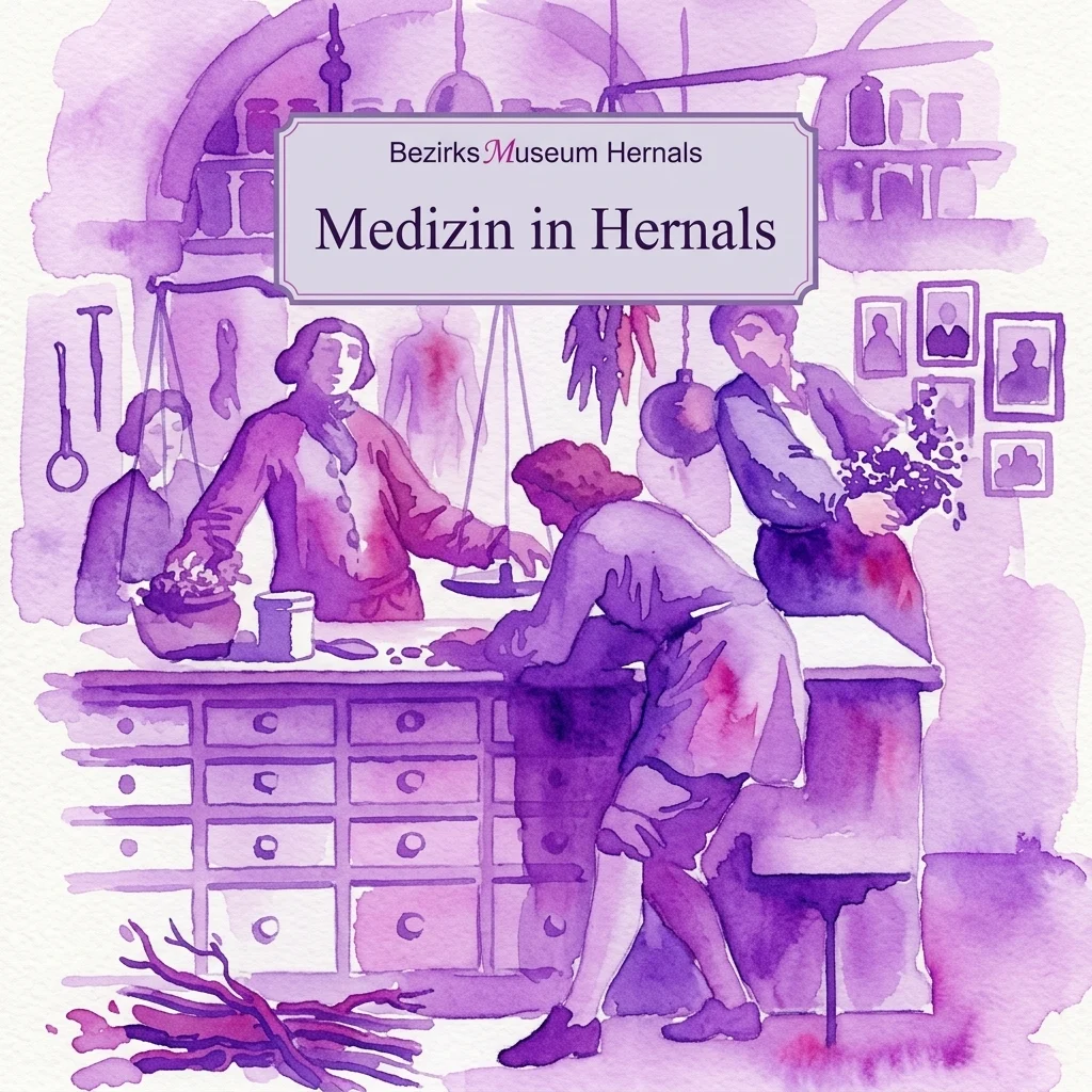 Ilustración en acuarela de una escena histórica de una farmacia con practicantes de medicina, instrumentos y hierbas, titulada 'Medizin in Hernals' en el Bezirksmuseum Hernals.