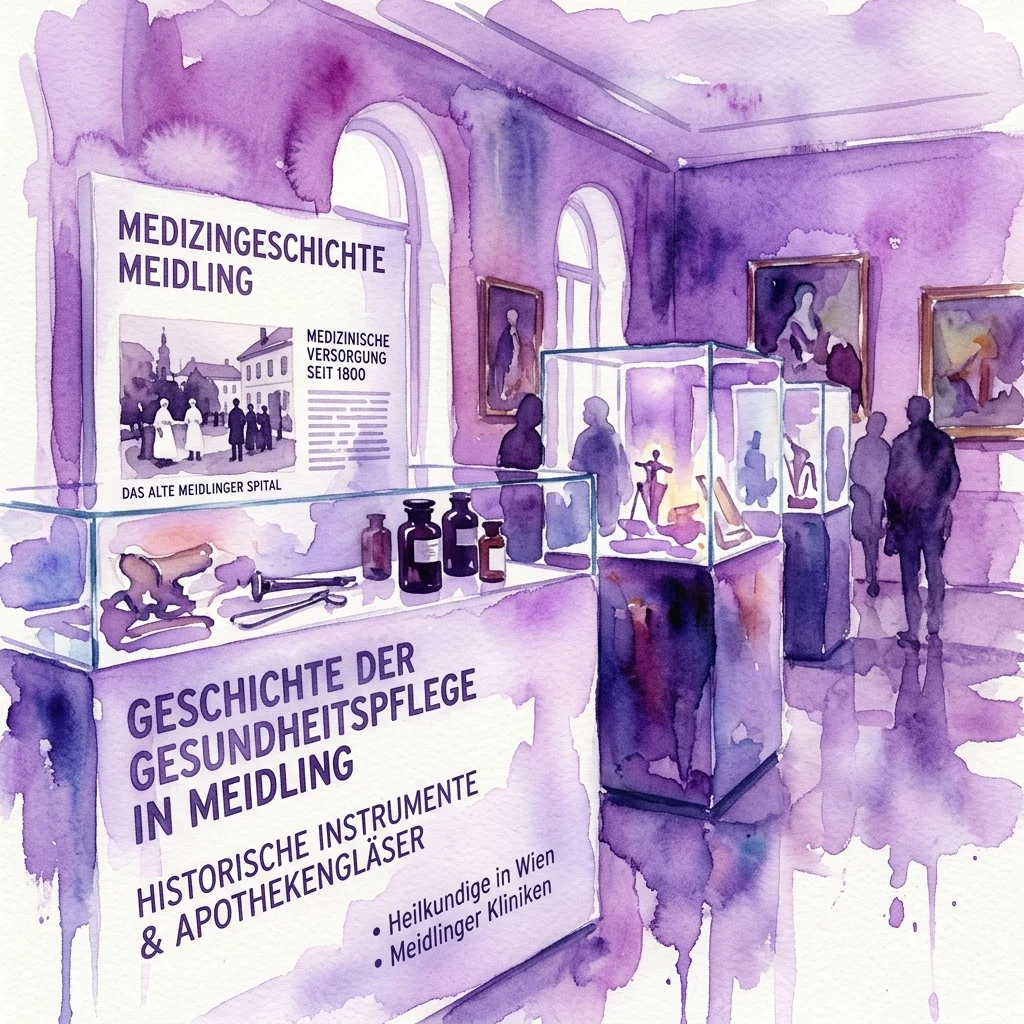 Ilustración en acuarela de una exposición de museo sobre historia de la medicina en Meidling, Viena, con vitrinas de cristal con instrumentos médicos antiguos y frascos de boticario, paneles informativos y visitantes observando las exhibiciones.