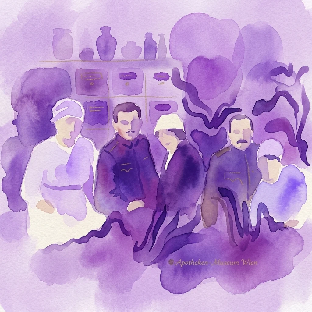 Ilustracja akwarelowa przedstawiająca historyczne postacie medyczne i szafki aptekarskie w fioletowych odcieniach, reprezentująca historię medycyny w Simmering, Wiedeń.