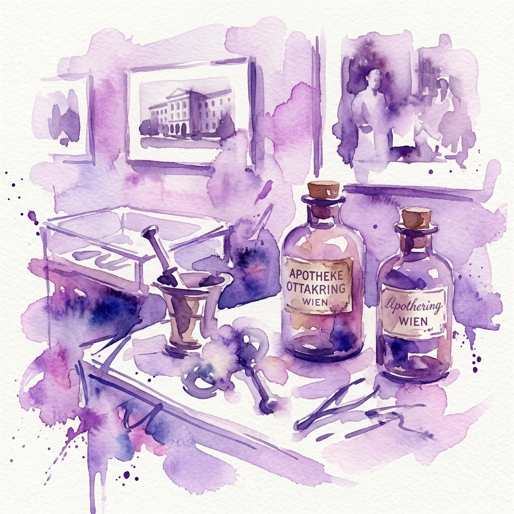 Ilustracja akwarelowa zabytkowych przedmiotów aptecznych, w tym butelek z etykietami „Apotheke Ottakring Wien” i „Apothecary Wien”, moździerza i tłuczka oraz zdjęć archiwalnych, przedstawiająca historyczną wystawę medyczną w wiedeńskiej dzielnicy Ottakring.